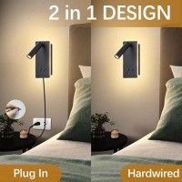 Moluola Led Wall Lamp Wall Mounted Reading Lights Set Of 2 Adjustable Headboard Plug In Wall Sconce With Usb Ca Ports Headboa