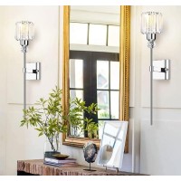 Modern Wall Sconces Lighting Battery Operated Set Of 2,No Wiring Rechargeable Wall Lights Fixture With Wireless Remote,Clear Glass Long Wall Lamp Silver For Bedroom Bathroom Living Room Vanity Light