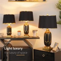 Cironi Ceramic Table Lamps,Nordic Light Luxury Ceramic Bedside Table Lamps,Black Gold Edge Desk Lamps With Black Drum Fabric Shade, For Living Room, Bedroom,33