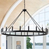 Viksroeo 53 Inch Black Extra Large Wagon Wheel Chandelier, 20-Lights Farmhouse Industrial Round High Ceiling Pendant Light Adjustable Chain For Outdoor Porch,Foyer,Dining Room, Living Room