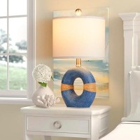 Cinkeda Coastal Blue Table Lamps For Bedroom Nightstand 18In Rattan Bedside Lamp Set Of 2 Small Nautical Lamps For Living Room