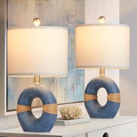 Cinkeda Coastal Blue Table Lamps For Bedroom Nightstand 18In Rattan Bedside Lamp Set Of 2 Small Nautical Lamps For Living Room