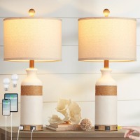 Cinkeda Boho Rattan Table Lamps For Bedroom Nightstand 26 Farmhouse Bedside Lamp Set Of 2 With Usb Ca Ports Ac Outlet 3Way