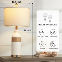 Cinkeda Boho Rattan Table Lamps For Bedroom Nightstand 26 Farmhouse Bedside Lamp Set Of 2 With Usb Ca Ports Ac Outlet 3Way