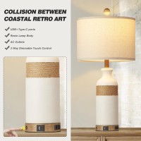 Cinkeda Boho Rattan Table Lamps For Bedroom Nightstand 26 Farmhouse Bedside Lamp Set Of 2 With Usb Ca Ports Ac Outlet 3Way