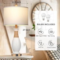 Cinkeda Boho Rattan Table Lamps For Bedroom Nightstand 27 Farmhouse Bedside Lamp Set Of 2 With Usb Ca Ports Ac Outlet 3Way