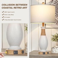 Cinkeda Boho Rattan Table Lamps For Bedroom Nightstand 27 Farmhouse Bedside Lamp Set Of 2 With Usb Ca Ports Ac Outlet 3Way