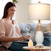 Cinkeda Boho Rattan Table Lamps For Bedroom Nightstand 27 Farmhouse Bedside Lamp Set Of 2 With Usb Ca Ports Ac Outlet 3Way