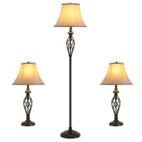 Smeike 3 Pack Lamp Set Living Room Lamp Set Of 3 Floor And Table Lamp Set In Bronze Finish With Vintage Brown Fabric Lamp Shad