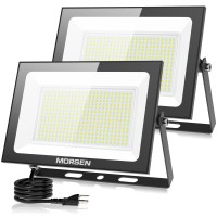 Morsen Led Flood Light Outdoor 300W 32000 Lumens Work Light With Plug 6000K Outside Portable Exteriores Security Floodlights For Yard Garage Garden Lawn Ip66 Waterproof Flood Light 2 Pack