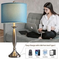 Oneach 27 Modern Table Lamps Set Of 2 For Living Room Bedroom With Usb Ac Charging Port Brushed Steel Bedside Lamps For Night