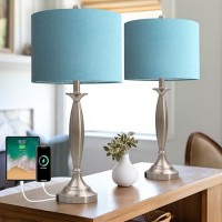 Oneach 27 Modern Table Lamps Set Of 2 For Living Room Bedroom With Usb Ac Charging Port Brushed Steel Bedside Lamps For Night