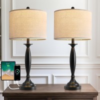 Oneach 27 Modern Table Lamps Set Of 2 For Living Room Bedroom With Usb Ac Charging Port Brushed Steel Bedside Lamps For Night