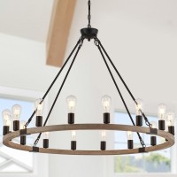 Brfaixla 16 Lights Wooden Wagon Wheel Chandelier Farmhouse 43.3 White, Black Metal Pendant Chandeliers Wood Vintage Rustic Light Fixtures Industrial For Living Dining Room Foyer High Ceiling Villa