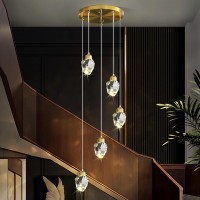 Sxtiger Modern Crystal Pendant Light, 3-Color Led Gold Ceiling Hanging Lamp, For Kitchen Island Bedroom Living Room Dining Room Lighting (5-Head Round Base)