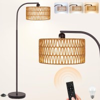 Brilvibera Boho Floor Lamp With Dimmable Bulb Rattan Linen Double Shades Bronze Boho Standing Tall Lamps With Foot Switch Bo