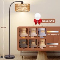 Brilvibera Boho Floor Lamp With Dimmable Bulb Rattan Linen Double Shades Bronze Boho Standing Tall Lamps With Foot Switch Bo