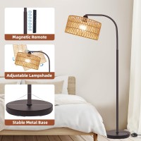 Brilvibera Boho Floor Lamp With Dimmable Bulb Rattan Linen Double Shades Bronze Boho Standing Tall Lamps With Foot Switch Bo