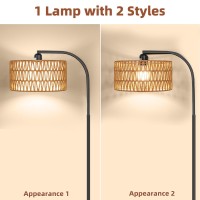 Brilvibera Rattan Floor Lamps For Living Room Boho Standing Lamps With Rattan Linen Double Shades Arc Lamps Floor Standing Wi