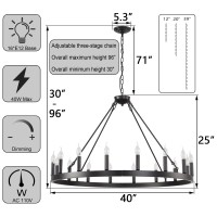 Sarudiir 40 Inch Black Large Farmhouse Wagon Wheel Chandelier,16-Light Rustic Round Hanging Light Fixture,Outdoor Wheel Chandelier For Porch High Ceilings Dining Room, Living Room, Entryway