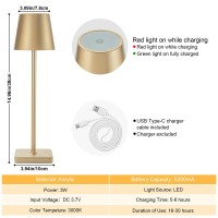 Kelary 2 Pack Cordless Table Lamp Rechargeable Led Desk Lamp 5200Mah Battery Operated Stepless Dimmable Portable Table Lights For Dinner/Restaurant/Outdoor Party/Coffee Shop Ip54 Waterproof Gold