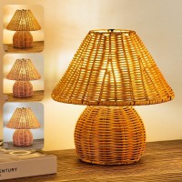 Werfop Small Rattan Table Lamp Bamboo Handmade Boho Beside Lamp 3 Colors Adjustable Vintage Wicker Wooden Nightstand Lamp With E