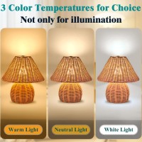 Werfop Small Rattan Table Lamp Bamboo Handmade Boho Beside Lamp 3 Colors Adjustable Vintage Wicker Wooden Nightstand Lamp With E