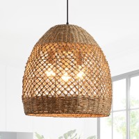 Lhjihfu 3 Light Rattan Pendant Light Fixture, Handmade Rattan Wicker Bohemian Ceiling Light, Kitchen Island Farmhouse Dining Room Height Adjustable