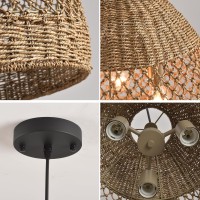 Lhjihfu 3 Light Rattan Pendant Light Fixture, Handmade Rattan Wicker Bohemian Ceiling Light, Kitchen Island Farmhouse Dining Room Height Adjustable