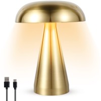 Mushroom Lamp Portable Cordless Table Lamp Usb Rechargeable Mushroom Light Touch Control Night Light With 3 Color Dimming Decorative Metal Bedside Lamp For Bedroom Living Room (Gold)