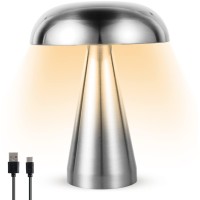 Mushroom Lamp Portable Cordless Table Lamp Usb Rechargeable Mushroom Light Touch Control Night Light With 3 Color Dimming Decorative Metal Bedside Lamp For Bedroom Living Room (Silver)