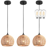 Ayshwilldec 3 Pack Wicker Pendant Light Natural Woven Pendant Light Boho Chandelier Light Fixture Dome Rustic Farmhouse Pendant Light Rattan Light Fixture For Dining Room Kitchen Island (Bulb Incl.)