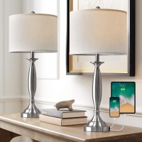 Oneach 27 Modern Table Lamps Set Of 2 For Living Room Bedroom With Usb A C Charging Port Brushed Steel Bedside Lamps For Nigh