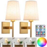 Yhcdlamp Battery Operated Wall Sconces Set Of Two Battery Operated Wall Lights With Remote Fabric Rgb Color Changing Dimmable W