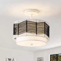 Tbaoinla White Black Light Fixture 3-Light Rattan Flush Mount Ceiling Light Rattan Light Fixture Boho Light Fixture With Fabric Shade Ceiling Lights, For Bedroom Hallways Entryway Living Dining