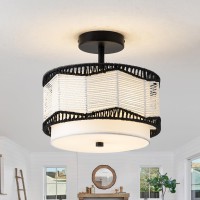 Tbaoinla Black Light Fixture White 3Light Bedroom Light Fixture Rattan Light Fixture Boho Light Fixture With Fabric Shade For