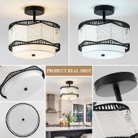 Tbaoinla Black Light Fixture White 3Light Bedroom Light Fixture Rattan Light Fixture Boho Light Fixture With Fabric Shade For