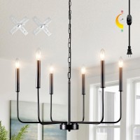 Jzqwck Plug In Chandelier,6 Lights Hanging Lights With Plug In Cord 17.06Ft & Dimmable Switch, Black Hanging Lamp Plug In Ceiling Pendant Light Fixture For Living Dining Room Bedroom Foyer Island