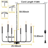 Jzqwck Plug In Chandelier,6 Lights Hanging Lights With Plug In Cord 17.06Ft & Dimmable Switch, Black Hanging Lamp Plug In Ceiling Pendant Light Fixture For Living Dining Room Bedroom Foyer Island