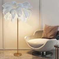 Feather Floor Lamp, Natural Ostrich Feather Lamps Gold Floor Lamp, Modern Feather Floor Lamp With Elegant Shade, Tall Feather Lamp For Bedroom, Estate Room