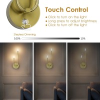 Aipsun Gold Battery Operated Wall Sconce Set Of 2 Modern Led Rechargeable Wall Sconce Stepless Dimming Wireless Wall Lights For