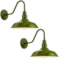 Goalplus 2 Pack Outdoor Gooseneck Barn Light With 14 Inch Dome Farmhouse Exterior Wall Lights With Wall Mount Olive Green Pati