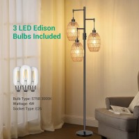 Floor Lamps For Living Room Bedroom 3Lights Rattan Boho Floor Lamp With Wicker Lamp Shades Dimmable Rustic Floor Lamp Black Mod