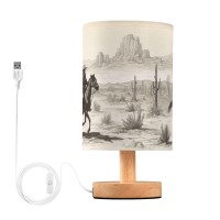 Yegame Western Cowboy Bedside Table Lamp For Bedroom Nightstand Small Eye Care Led Desk Reading Lamp Usb Port Wood Base Round F