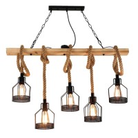 5-Lights Retro Wooden Pendant Lamp,Vintage Metal Cage Chandeliers Rustic Loft Pendant Light E27 Metal Wood Hanging Lamp Made Of Hemp Rope For Kitchen Dining Room