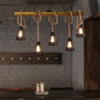 5-Lights Retro Wooden Pendant Lamp,Vintage Metal Cage Chandeliers Rustic Loft Pendant Light E27 Metal Wood Hanging Lamp Made Of Hemp Rope For Kitchen Dining Room