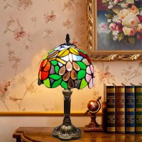 Tuomoxte Tiffany Style Table Lamp 8 Inch Small Antique Lamp Stained Glass Lamp Flower And Grape Pattern For Bedside Nightsta