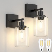 Licperron Black Wall Sconces Set Of Two, Modern Sconces Wall Lighting Fixture With Clear Glass Shade For Bathroom Vanity, Industrial Metal Wall Mount Lamp For Bedroom Mirror Living Room (With Bulbs)