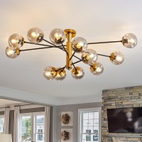 Hesoge Large 12 Light Sputnik Semi Flush Mount Ceiling Light Fixture Gold Mid Century Modern Chandelier With Glass Globe Close T