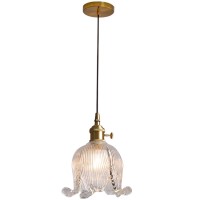 Qufute Gold Modern Pendant Light Mid Century Glass Hanging Lights With Flower Amber Glass Shade 1-Light Vintage Brass Pendant Lighting For Kitchen Island Bedroom Living Dining Room (Clear)